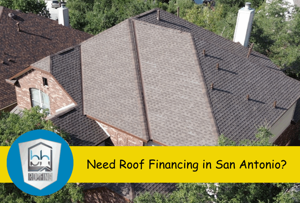 Aerial view of a house with a new shingle roof and a financing offer.