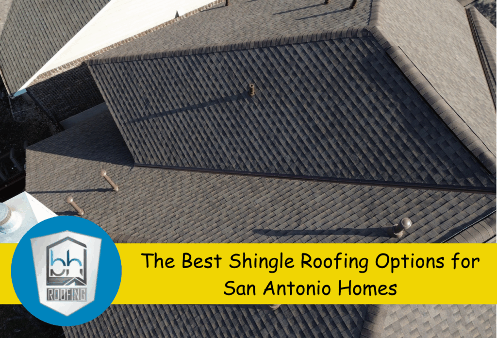 Aerial view of shingle roofing on a house in San Antonio with company logo.
