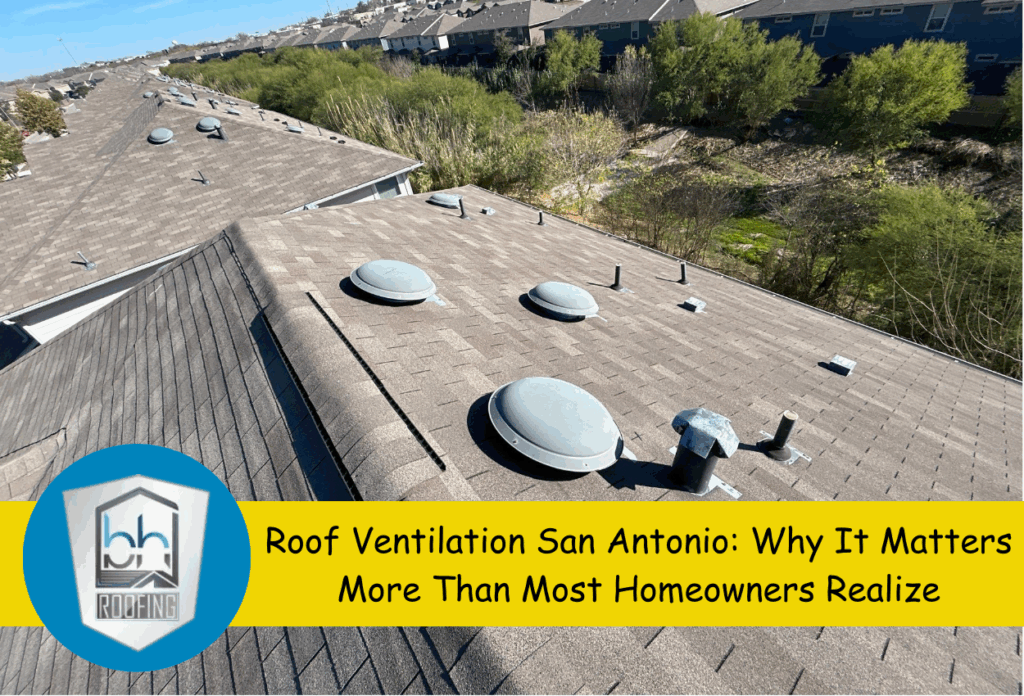 A rooftop view showcasing ventilation systems in a San Antonio neighborhood.
