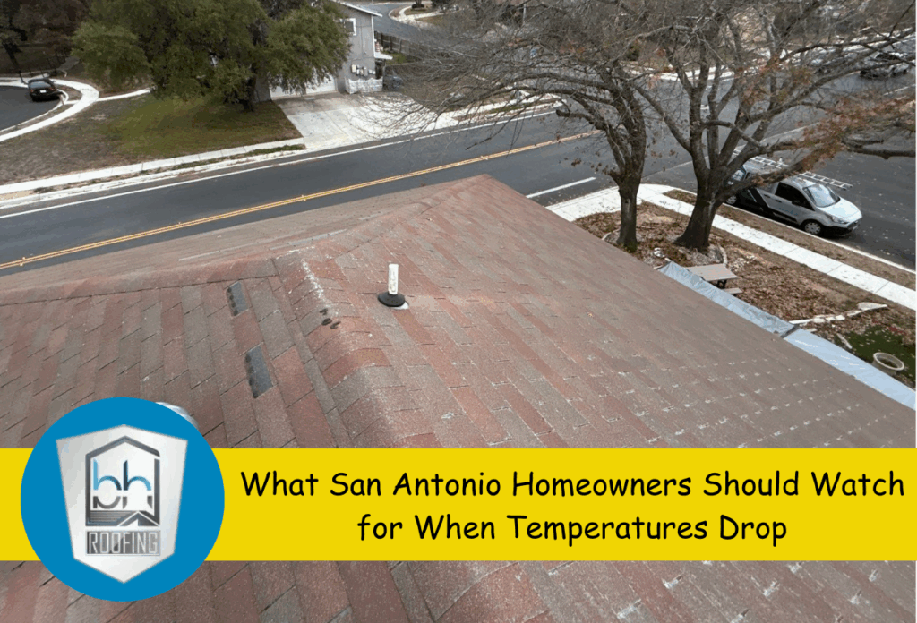 Rooftop view from a San Antonio home with nearby trees and street