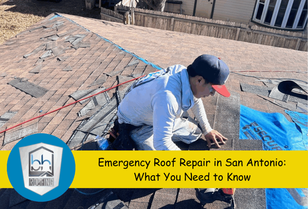 Worker repairing roof shingles during emergency roof repair in San Antonio.